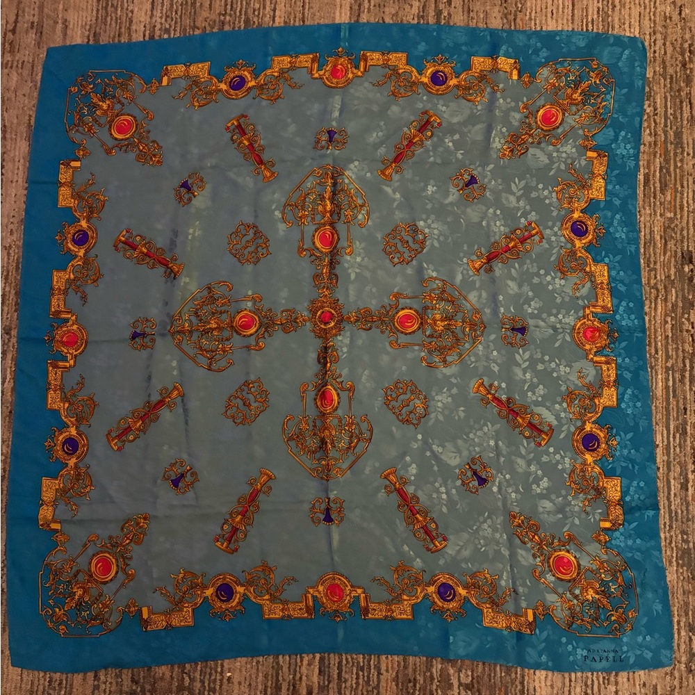 Adrianna Papell Blue and Gold Ornate Scarf
